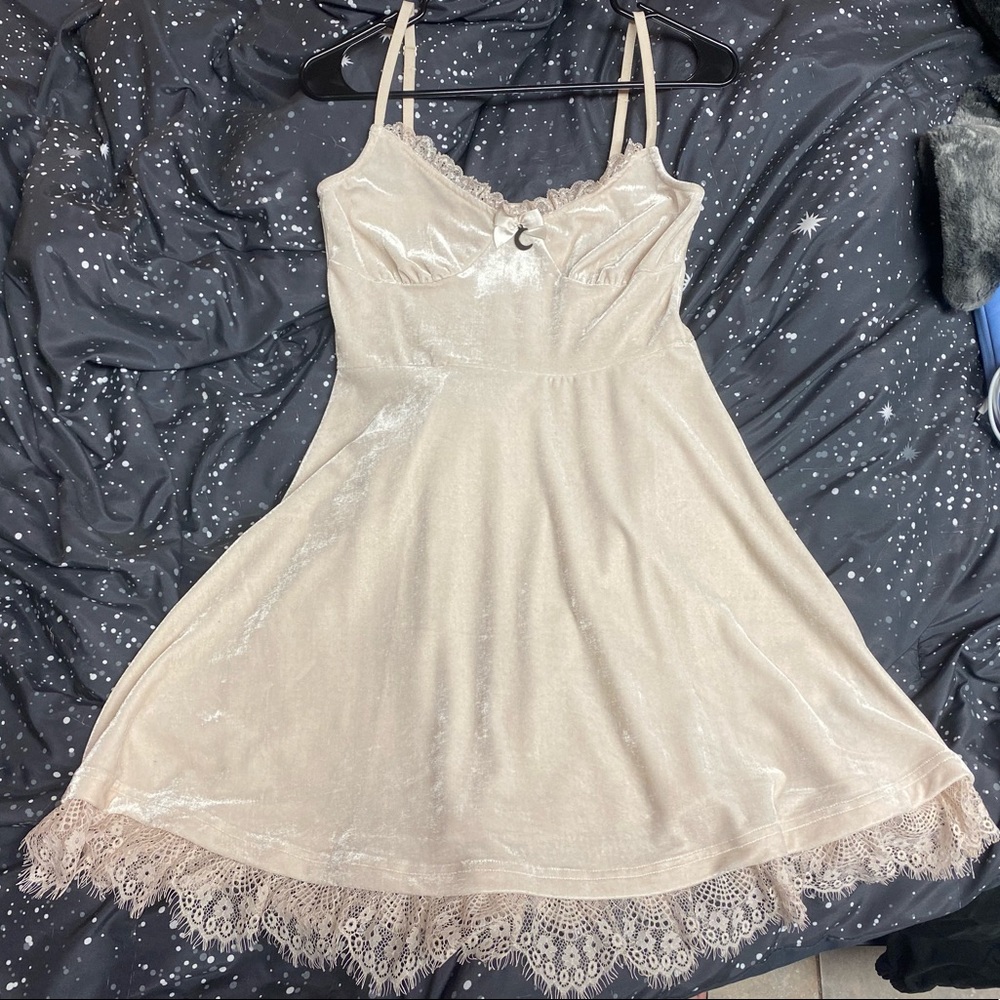 Killstar Moonstruck Velvet Skater Dress - Ivory ~ Lace and Corset Ribbon Detail